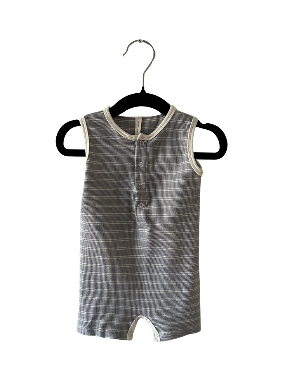 Quincy Mae Striped Sleeveless Baby Romper in Gray and White
